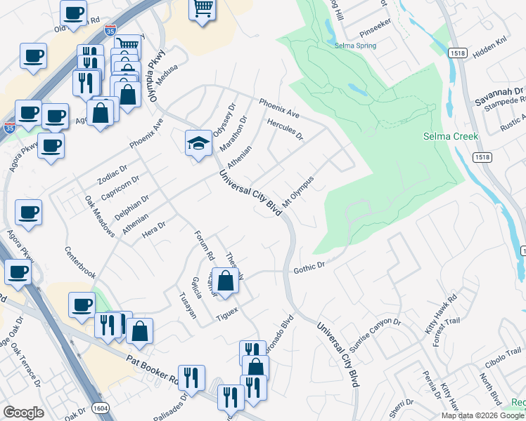 map of restaurants, bars, coffee shops, grocery stores, and more near 13514 Mount Olympus in Universal City
