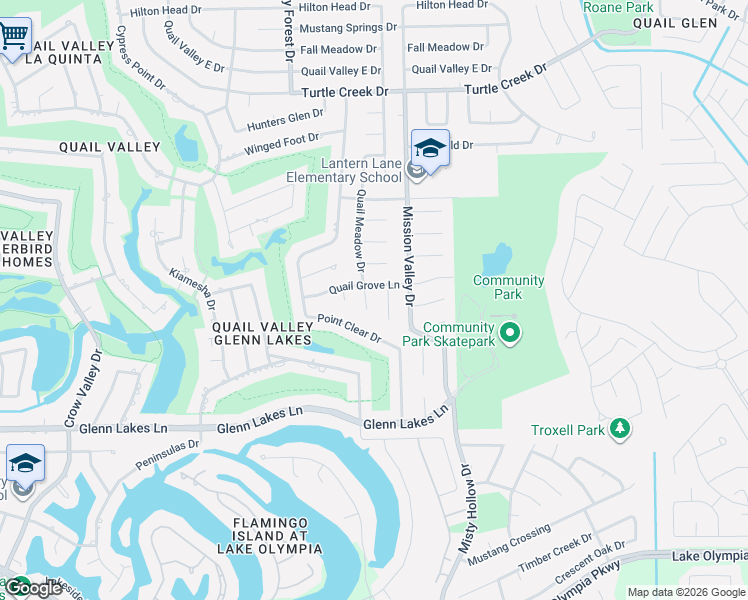 map of restaurants, bars, coffee shops, grocery stores, and more near 3811 Quail Meadow Drive in Missouri City
