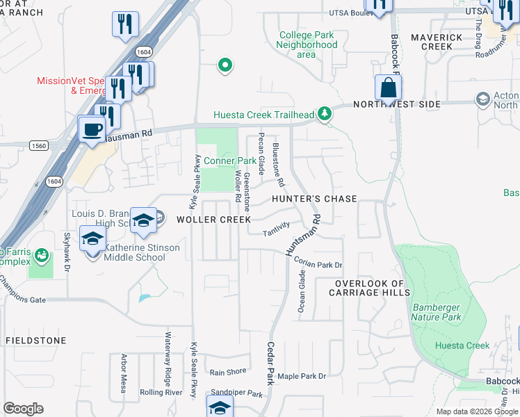 map of restaurants, bars, coffee shops, grocery stores, and more near 7550 Tantara Court in San Antonio