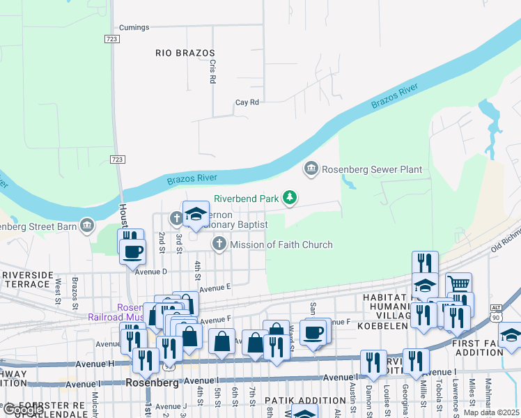 map of restaurants, bars, coffee shops, grocery stores, and more near 2419 Avenue A in Rosenberg