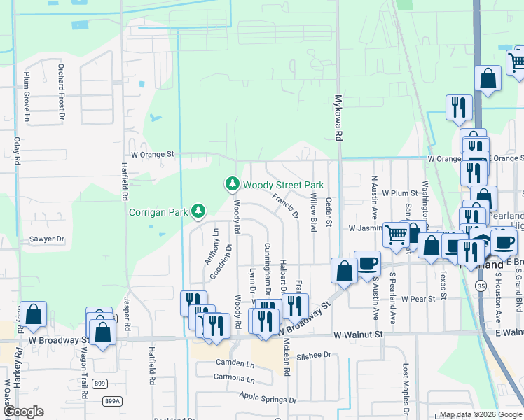 map of restaurants, bars, coffee shops, grocery stores, and more near 5106 Halbert Drive in Pearland