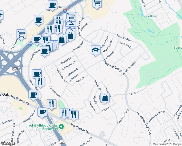 map of restaurants, bars, coffee shops, grocery stores, and more near 13714 Forum Road in Universal City