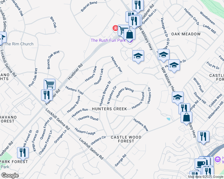 map of restaurants, bars, coffee shops, grocery stores, and more near 13119 North Hunters Circle in San Antonio