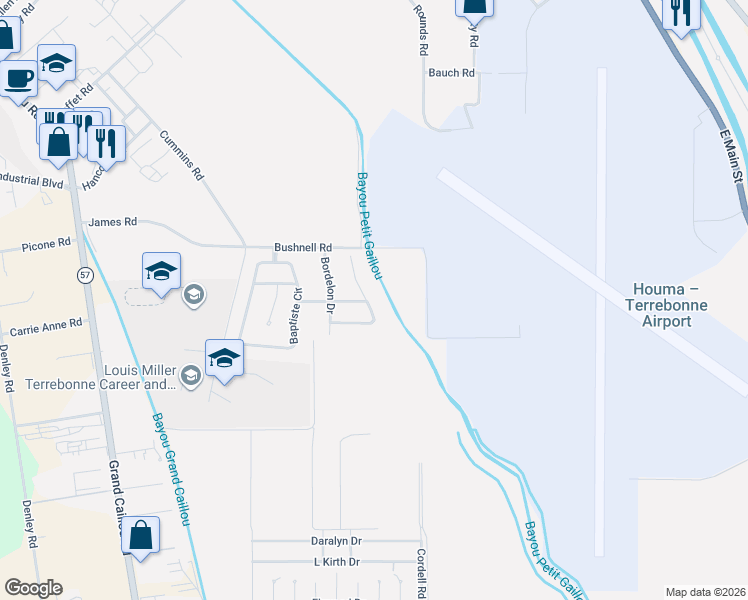 map of restaurants, bars, coffee shops, grocery stores, and more near 331-401 Dawes Street in Houma