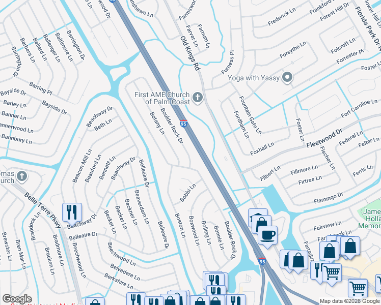map of restaurants, bars, coffee shops, grocery stores, and more near 245 Boulder Rock Drive in Palm Coast