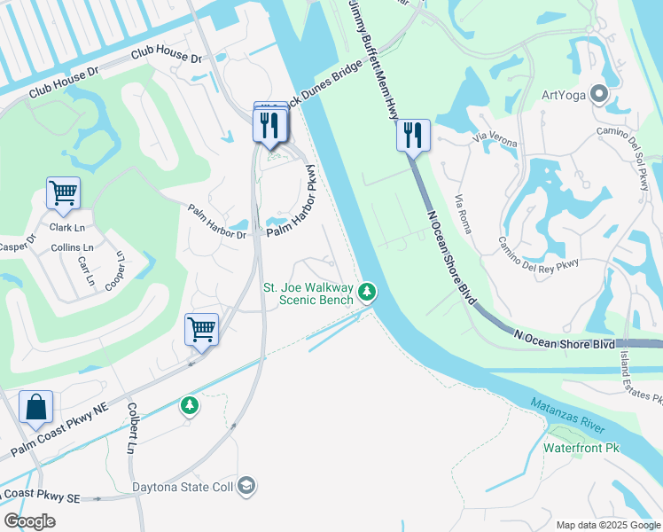 map of restaurants, bars, coffee shops, grocery stores, and more near 112 Canopy Walk Lane in Palm Coast