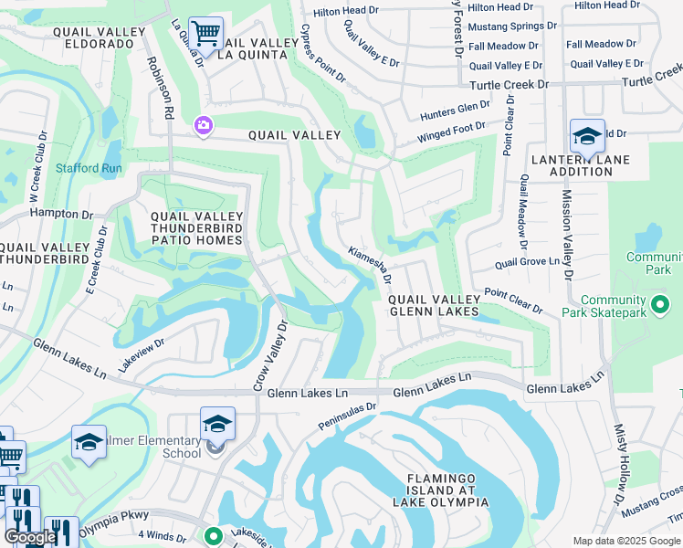 map of restaurants, bars, coffee shops, grocery stores, and more near 3647 Robinson Road in Missouri City