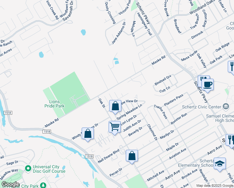 map of restaurants, bars, coffee shops, grocery stores, and more near 2169 Rose Sharon Drive in Schertz