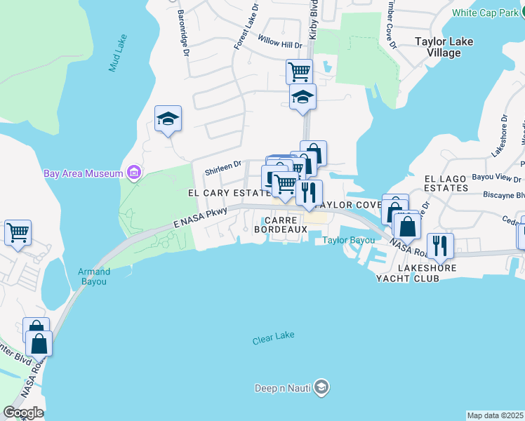 map of restaurants, bars, coffee shops, grocery stores, and more near 4550 NASA Road 1 in Seabrook