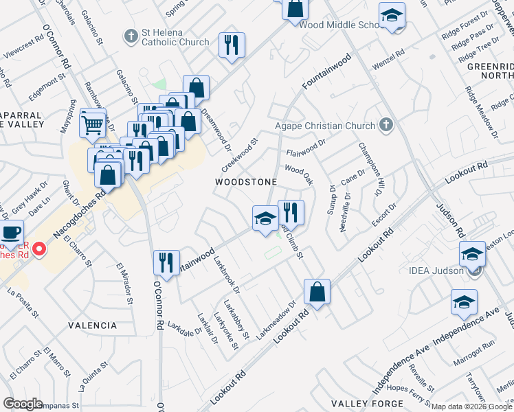 map of restaurants, bars, coffee shops, grocery stores, and more near 5635 Fountainwood in San Antonio