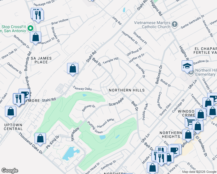 map of restaurants, bars, coffee shops, grocery stores, and more near 13806 Brays Forest in San Antonio