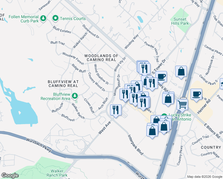 map of restaurants, bars, coffee shops, grocery stores, and more near 207 Country Wood Drive in San Antonio