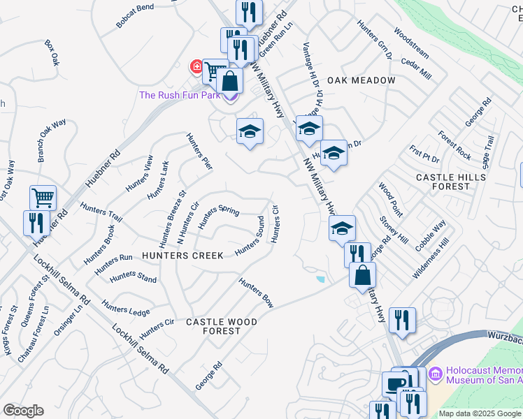 map of restaurants, bars, coffee shops, grocery stores, and more near 13247 Hunters Spring Street in San Antonio