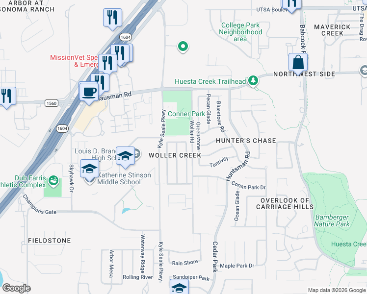 map of restaurants, bars, coffee shops, grocery stores, and more near 13114 Woller Creek in San Antonio