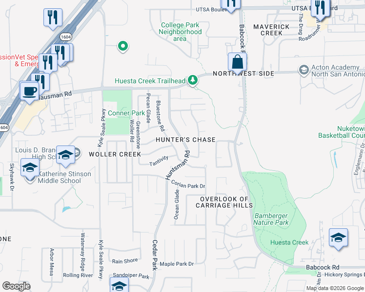 map of restaurants, bars, coffee shops, grocery stores, and more near 13223 Huntsman Road in San Antonio