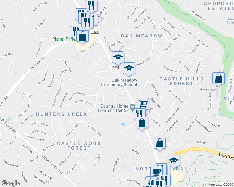 map of restaurants, bars, coffee shops, grocery stores, and more near 2911 Hunters Hideaway Street in San Antonio