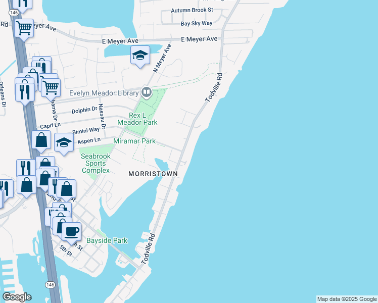 map of restaurants, bars, coffee shops, grocery stores, and more near 2200 Todville Rd in Seabrook