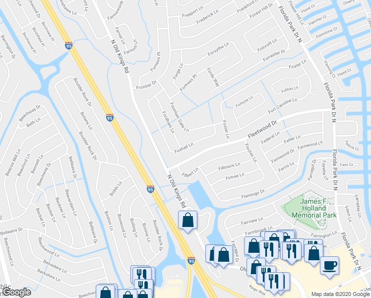 map of restaurants, bars, coffee shops, grocery stores, and more near 98 Foxhall Ln in Palm Coast
