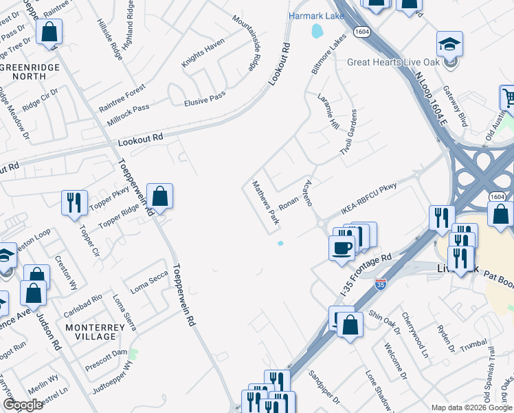 map of restaurants, bars, coffee shops, grocery stores, and more near 13518 Ashmont Terrace in San Antonio
