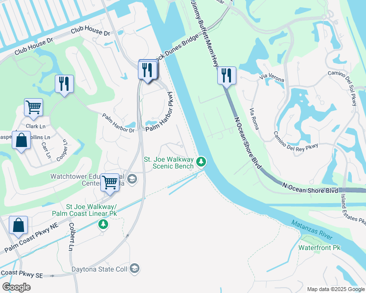 map of restaurants, bars, coffee shops, grocery stores, and more near 445 Canopy Walk Lane in Palm Coast