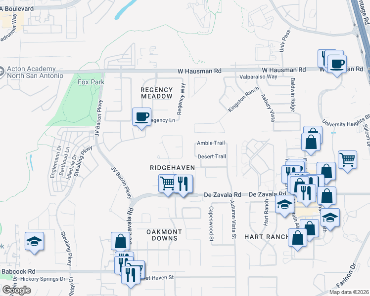 map of restaurants, bars, coffee shops, grocery stores, and more near 13014 North Run in San Antonio