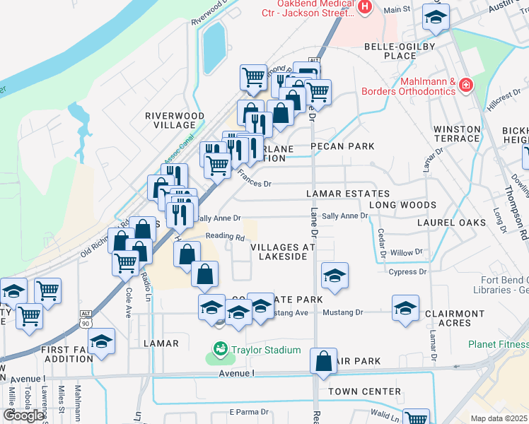 map of restaurants, bars, coffee shops, grocery stores, and more near 1041 Sally Anne Dr in Rosenberg