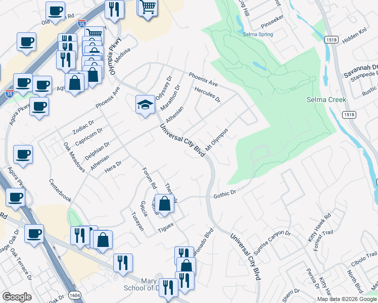map of restaurants, bars, coffee shops, grocery stores, and more near 13514 Mount Olympus in Universal City