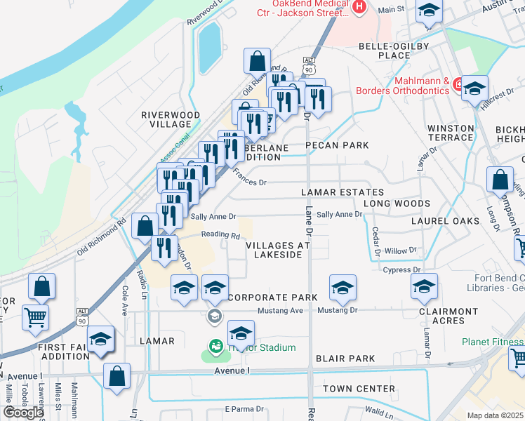 map of restaurants, bars, coffee shops, grocery stores, and more near 1041 Sally Anne Drive in Rosenberg