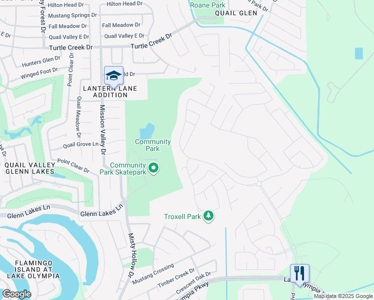 map of restaurants, bars, coffee shops, grocery stores, and more near Lantern Trail Drive in Missouri City