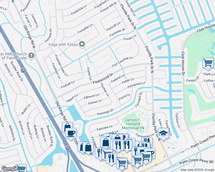 map of restaurants, bars, coffee shops, grocery stores, and more near 49 Federal Lane in Palm Coast