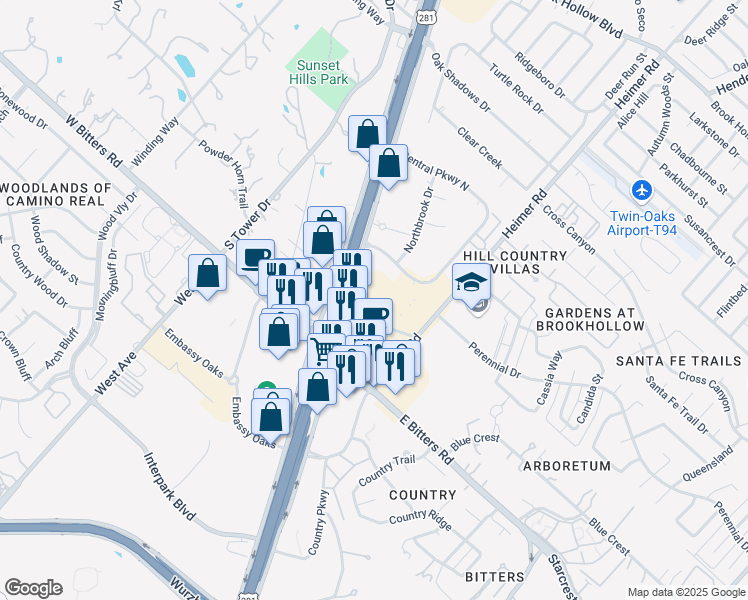 map of restaurants, bars, coffee shops, grocery stores, and more near 13750 San Pedro Avenue in San Antonio