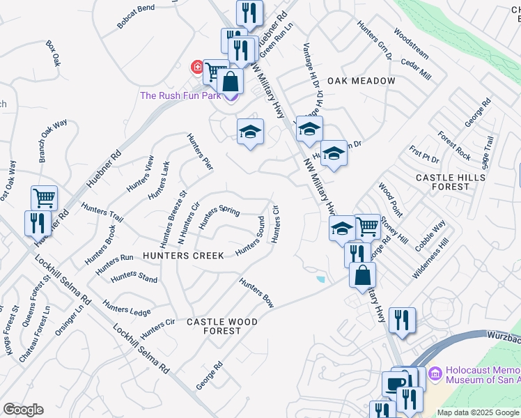 map of restaurants, bars, coffee shops, grocery stores, and more near 13247 Hunters Spring in San Antonio