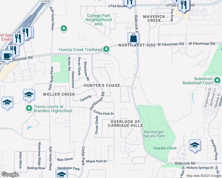 map of restaurants, bars, coffee shops, grocery stores, and more near 7318 Chainfire Circle in San Antonio
