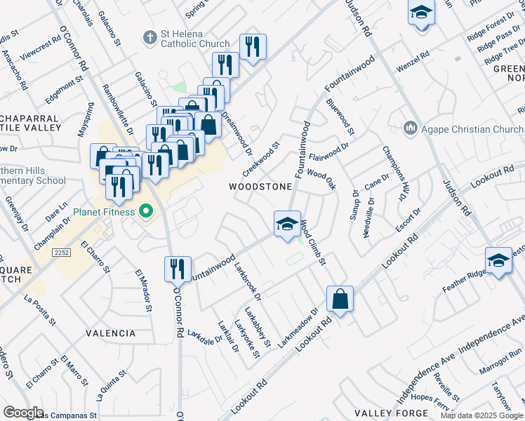 map of restaurants, bars, coffee shops, grocery stores, and more near 13724 Evanswood Street in San Antonio