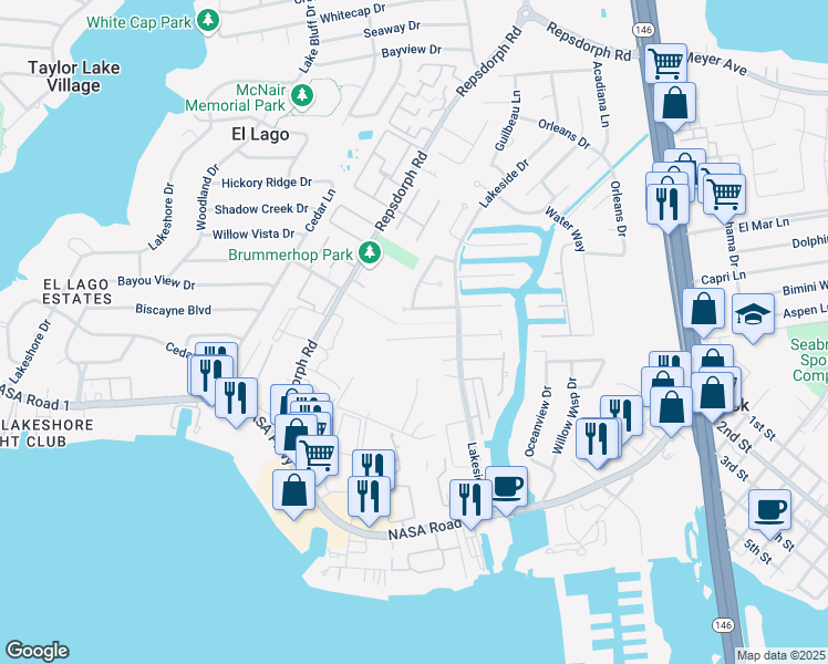 map of restaurants, bars, coffee shops, grocery stores, and more near 2632 Sawyer Drive in Seabrook