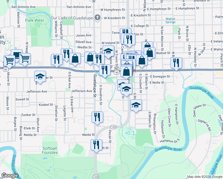map of restaurants, bars, coffee shops, grocery stores, and more near 718 North Bowie Street in Seguin