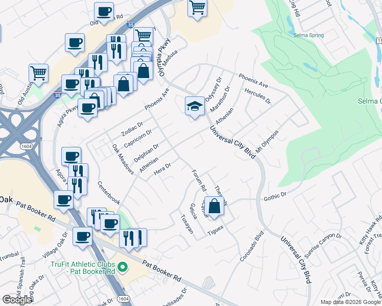 map of restaurants, bars, coffee shops, grocery stores, and more near 13714 Forum Road in Universal City