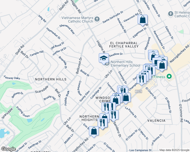 map of restaurants, bars, coffee shops, grocery stores, and more near 4827 Bohill Street in San Antonio