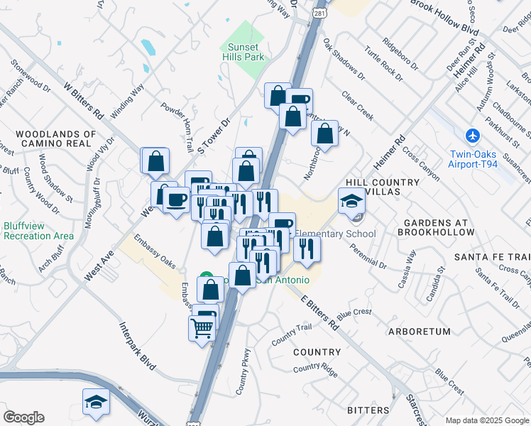 map of restaurants, bars, coffee shops, grocery stores, and more near 13750 San Pedro Avenue in San Antonio