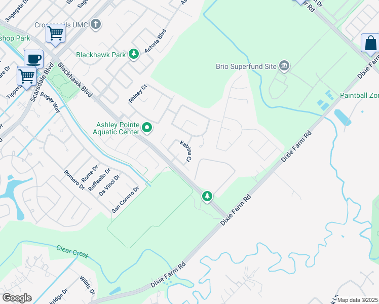 map of restaurants, bars, coffee shops, grocery stores, and more near 12535 Katrina Court in Houston