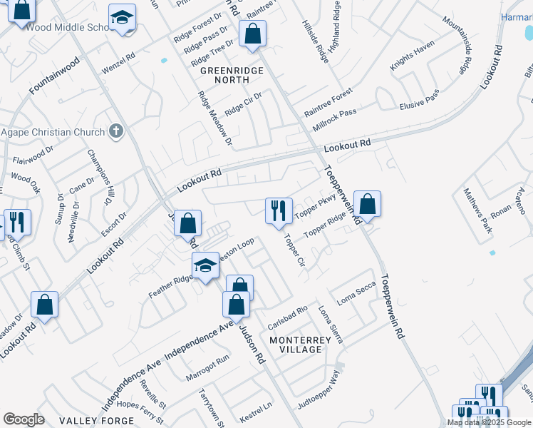 map of restaurants, bars, coffee shops, grocery stores, and more near 13715 Topper Circle in San Antonio