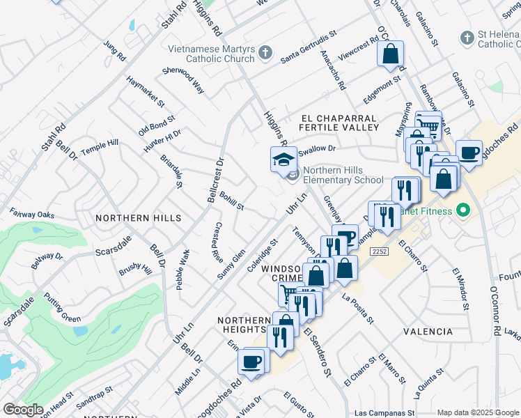 map of restaurants, bars, coffee shops, grocery stores, and more near 4827 Bohill Street in San Antonio