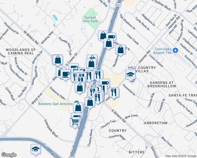 map of restaurants, bars, coffee shops, grocery stores, and more near in San Antonio