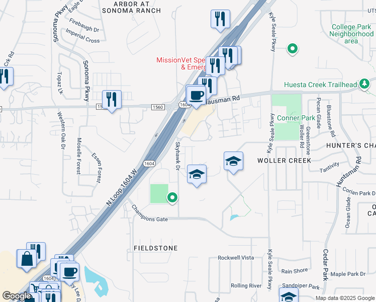 map of restaurants, bars, coffee shops, grocery stores, and more near 8405 Flanagan Street in San Antonio