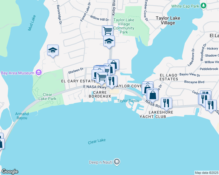 map of restaurants, bars, coffee shops, grocery stores, and more near 4300 NASA Road 1 in Seabrook