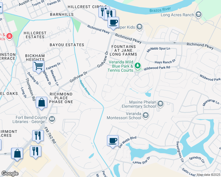 map of restaurants, bars, coffee shops, grocery stores, and more near 24007 Barnett Overlook in Richmond
