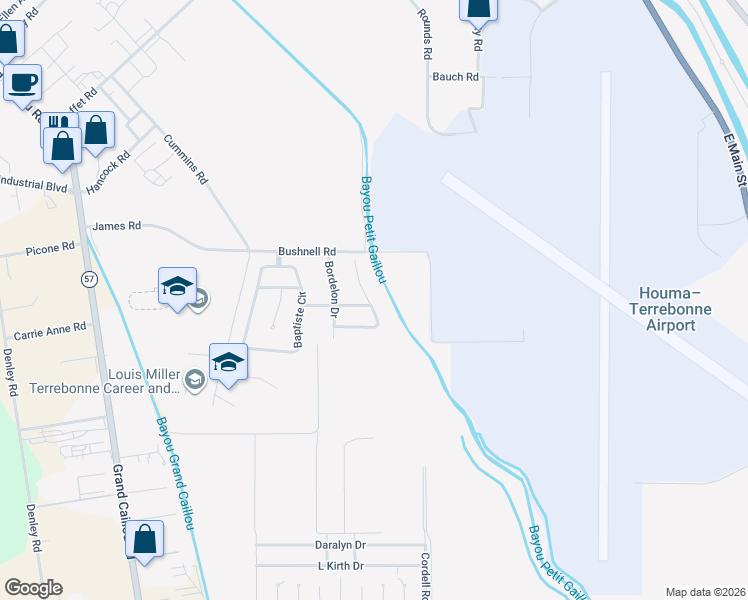 map of restaurants, bars, coffee shops, grocery stores, and more near 378 Galvez Lane in Houma