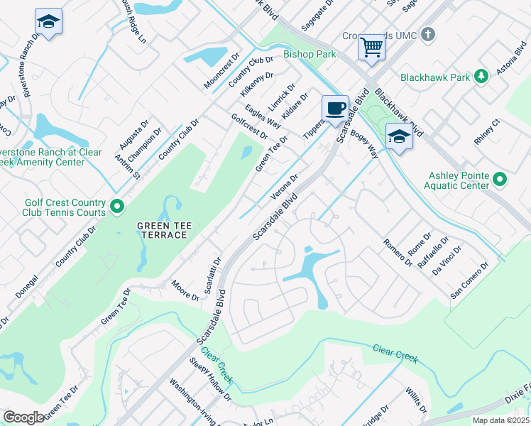 map of restaurants, bars, coffee shops, grocery stores, and more near 2207 Verona Drive in Pearland