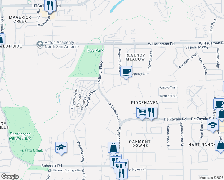 map of restaurants, bars, coffee shops, grocery stores, and more near 6626 Winding Farm in San Antonio