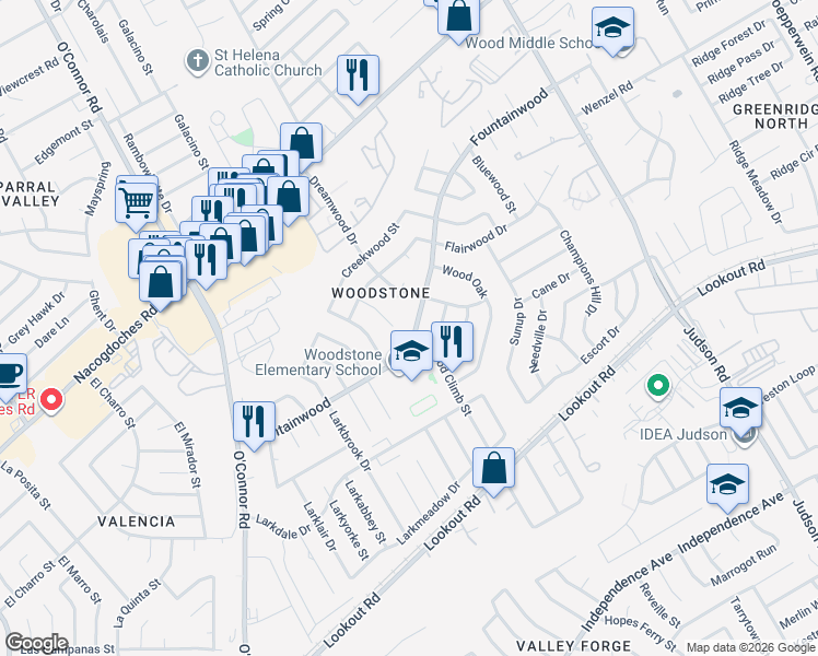 map of restaurants, bars, coffee shops, grocery stores, and more near 5635 Fountainwood in San Antonio